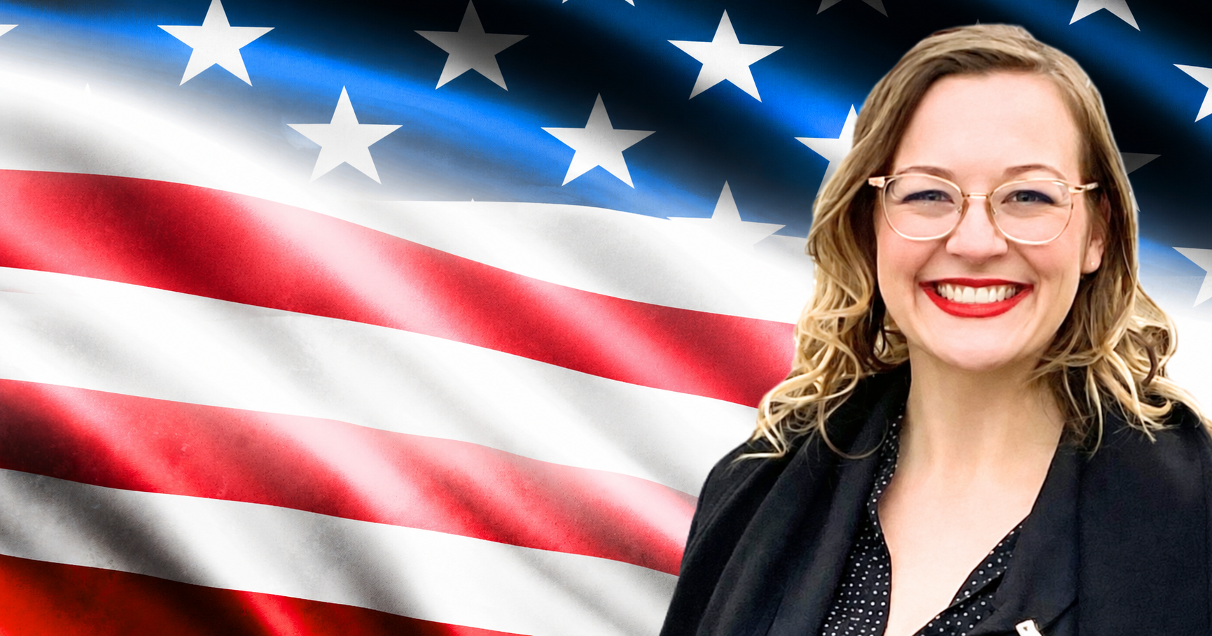 Bethany Mann smiling against an American flag background